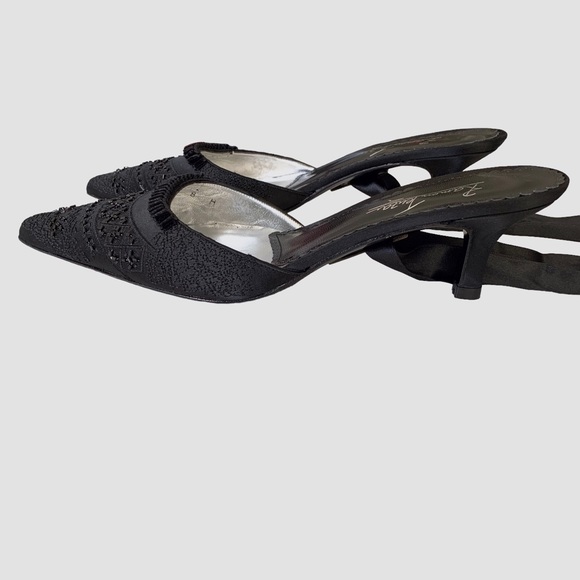 RAMON TENZA BLACK SATIN POINTY TOE KITTEN HEEL SHOE WITH ANKLE RIBBON - Picture 7 of 15